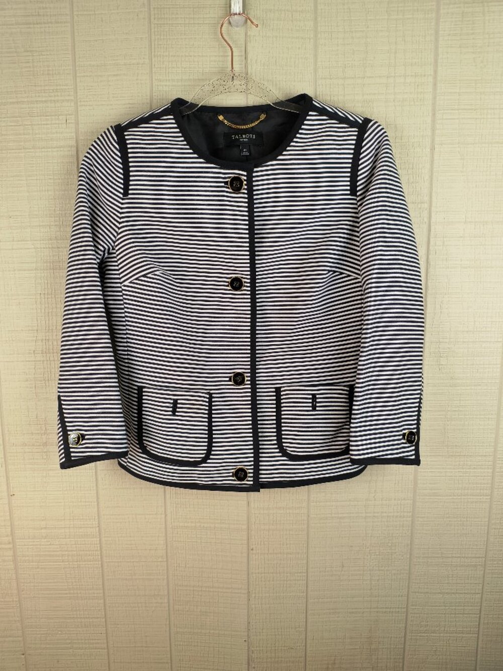Talbots Petites Navy Blue & White Striped Jacket Collarless Structured